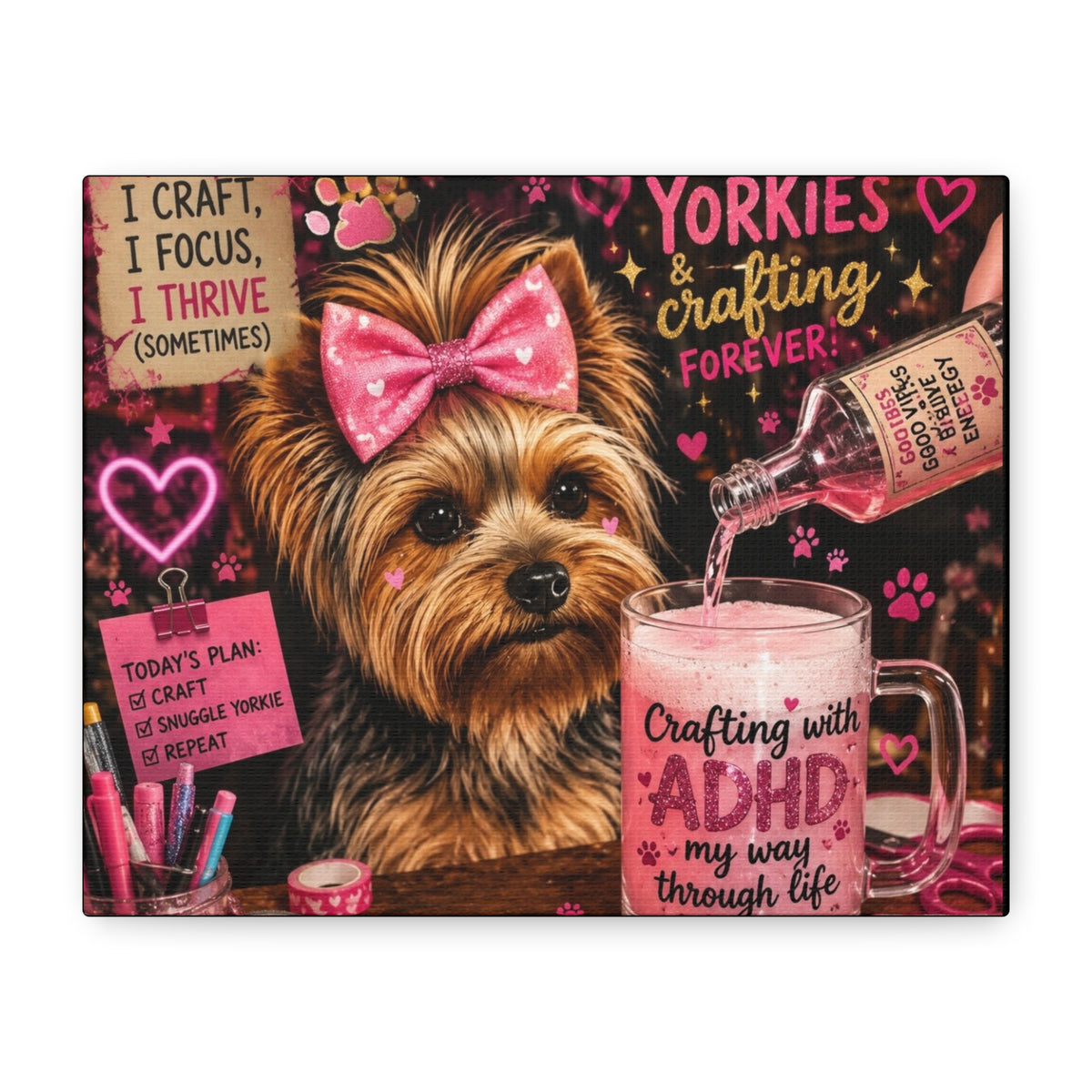 Yorkie Crafting Canvas Wall Art — "Crafting with ADHD" Matte Stretched Canvas